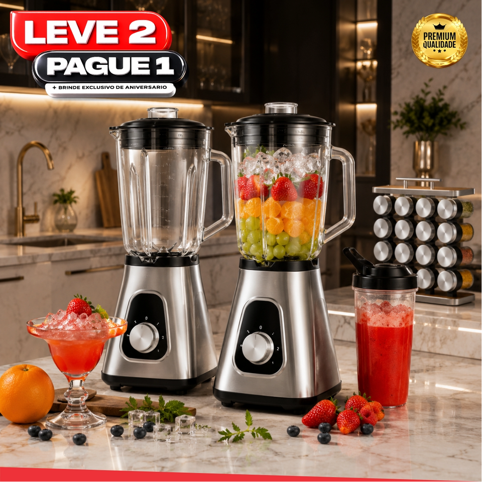 Liquidificador Multiuso Lumax Pro™ Com 2 Jarras de Vidro + BRINDE Porta Tempero Vertical 16 Potes - COMPRE 1 LEVE 2